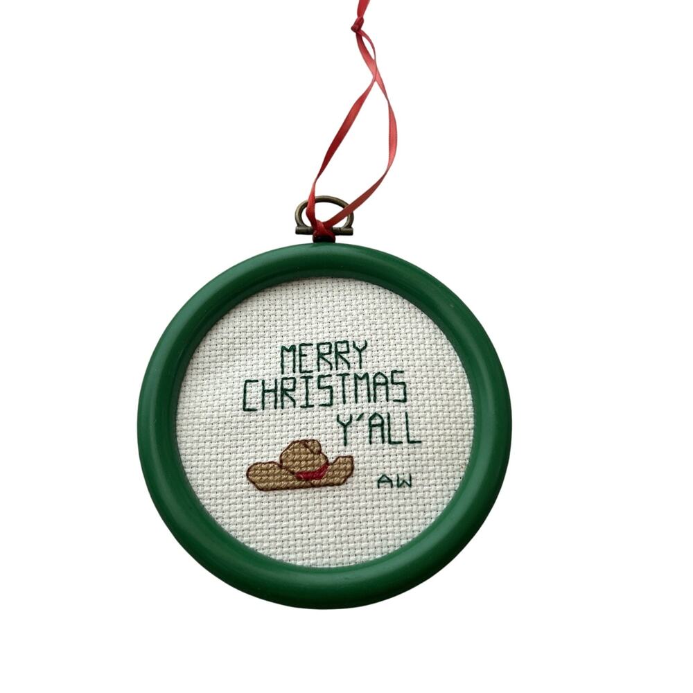 Vtg Cross Stitch Christmas Ornament “Merry Christmas Y’all” Round Frames 4”